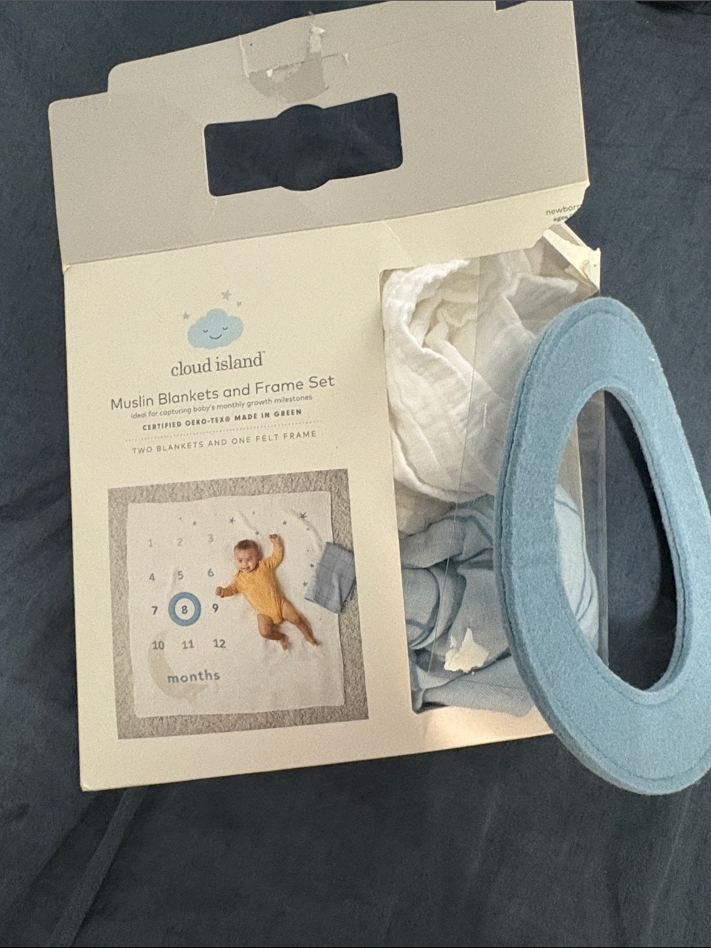 Baby cloud island Blue White Muslin Blanket Set with Felt Frame month keepsake